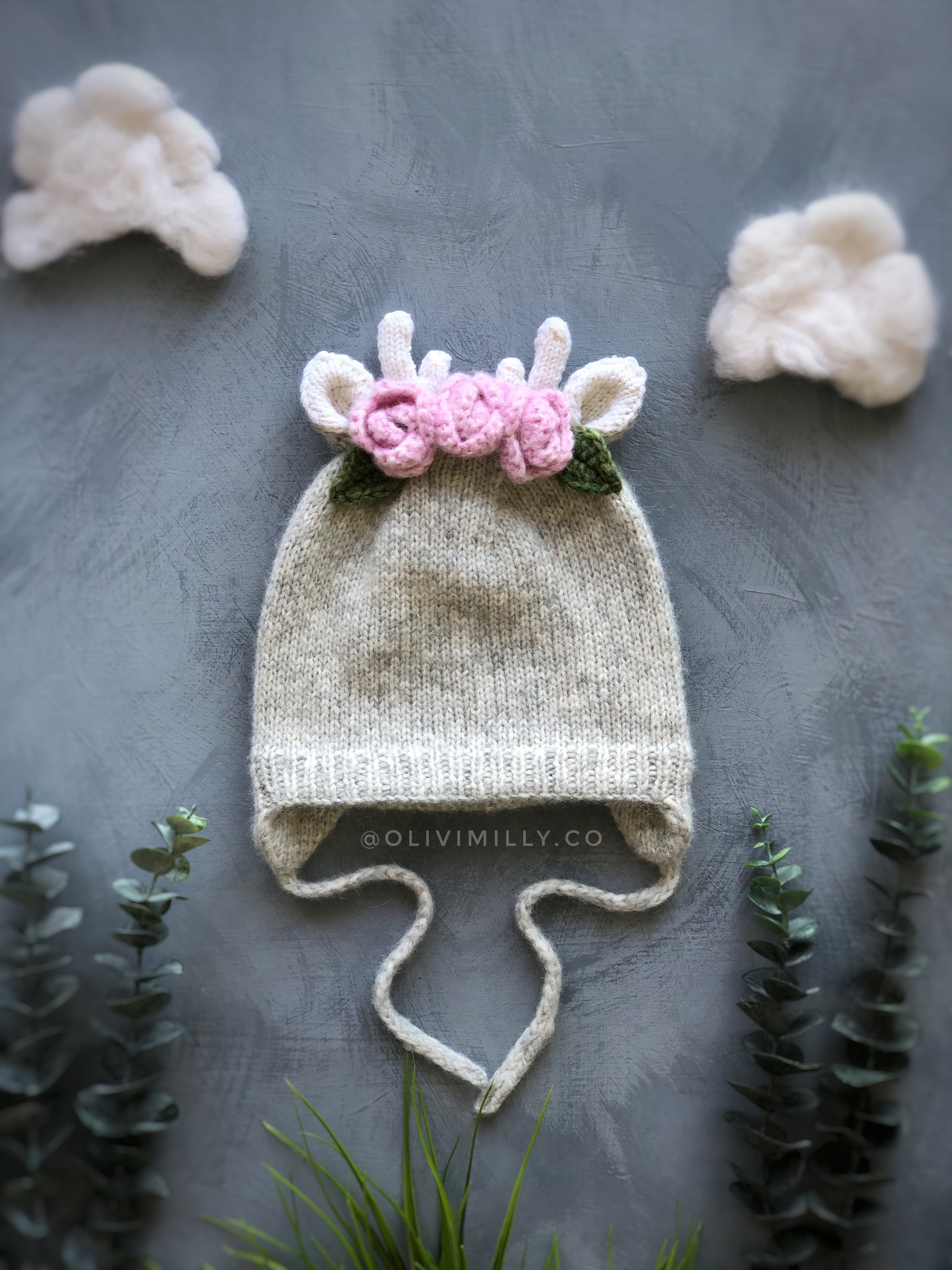 Deer hat with flowers |light grey&pink| in stock (1-2y)