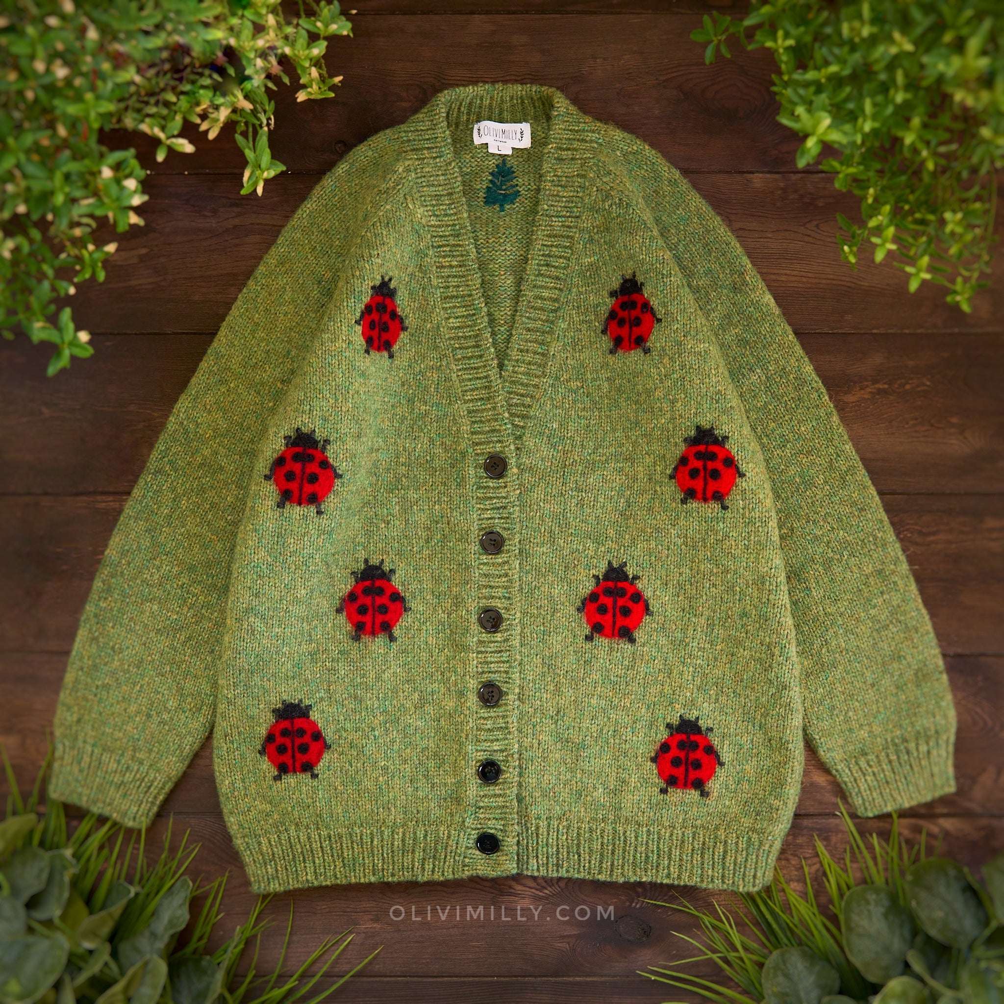 Adult Ladybug cardigan |green moss| In Stock (size S)