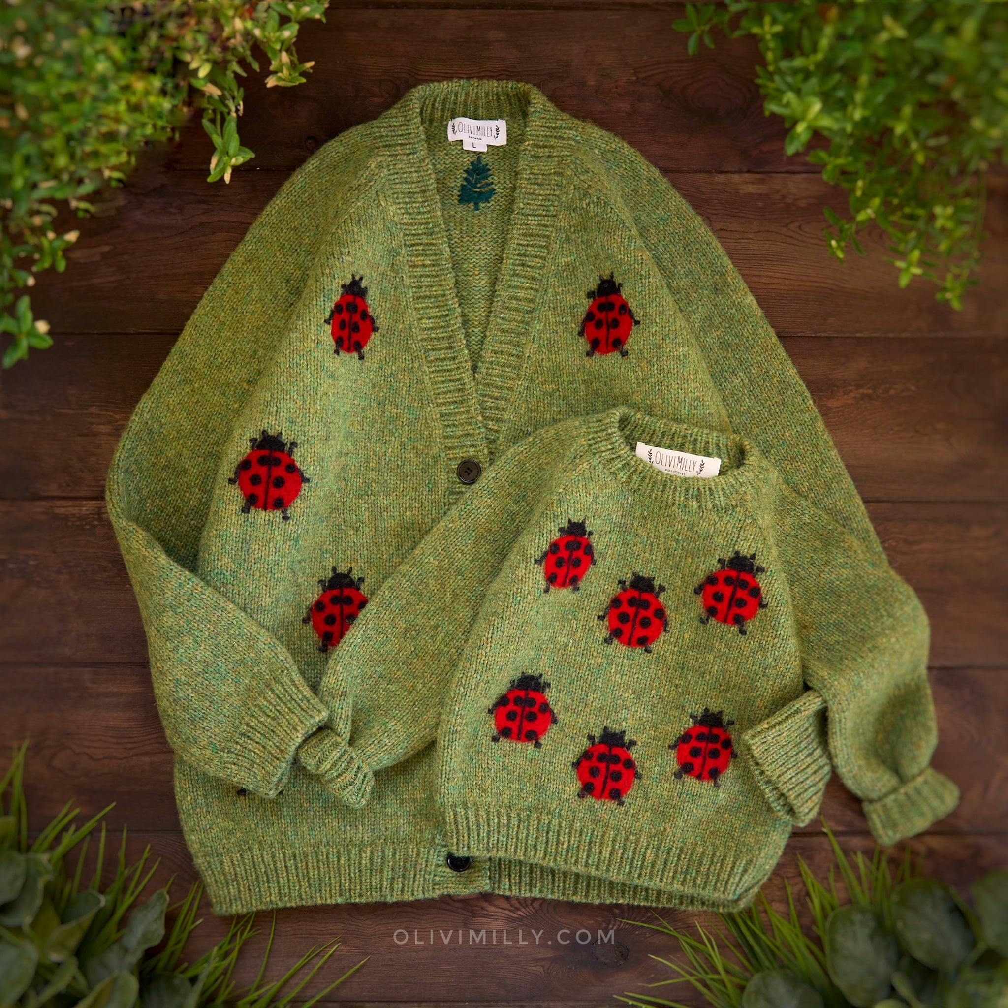 Adult Ladybug cardigan |green moss| In Stock (size S)