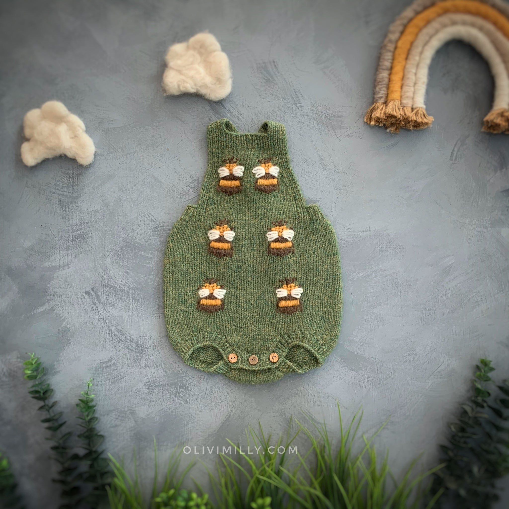 Bee romper | Moss Green | In Stock (0-3 mon)
