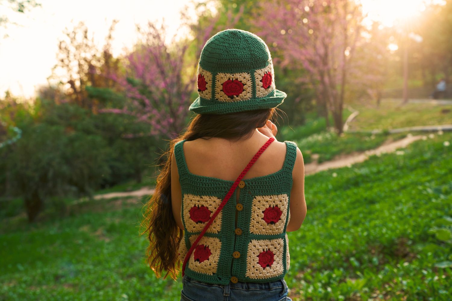 Green granny square crochet top with red apple embroidery, kidswear from Summer 25