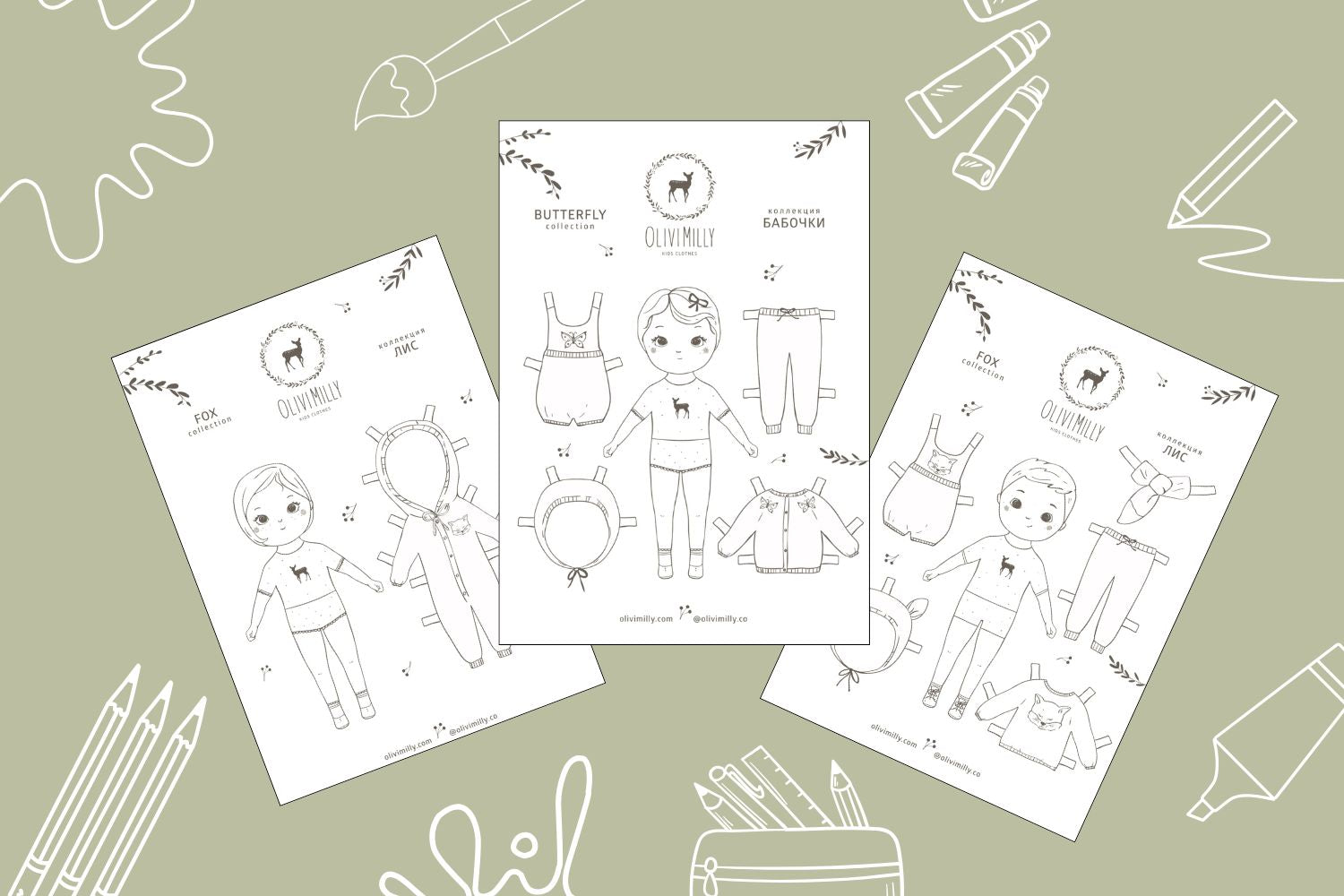 Paper doll coloring page with OliviMilly outfits