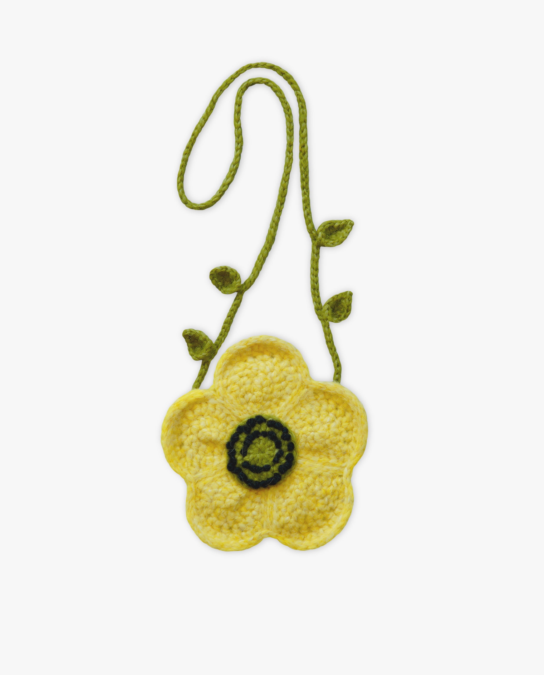 Yellow flower-shaped bag with green leaves on a white background