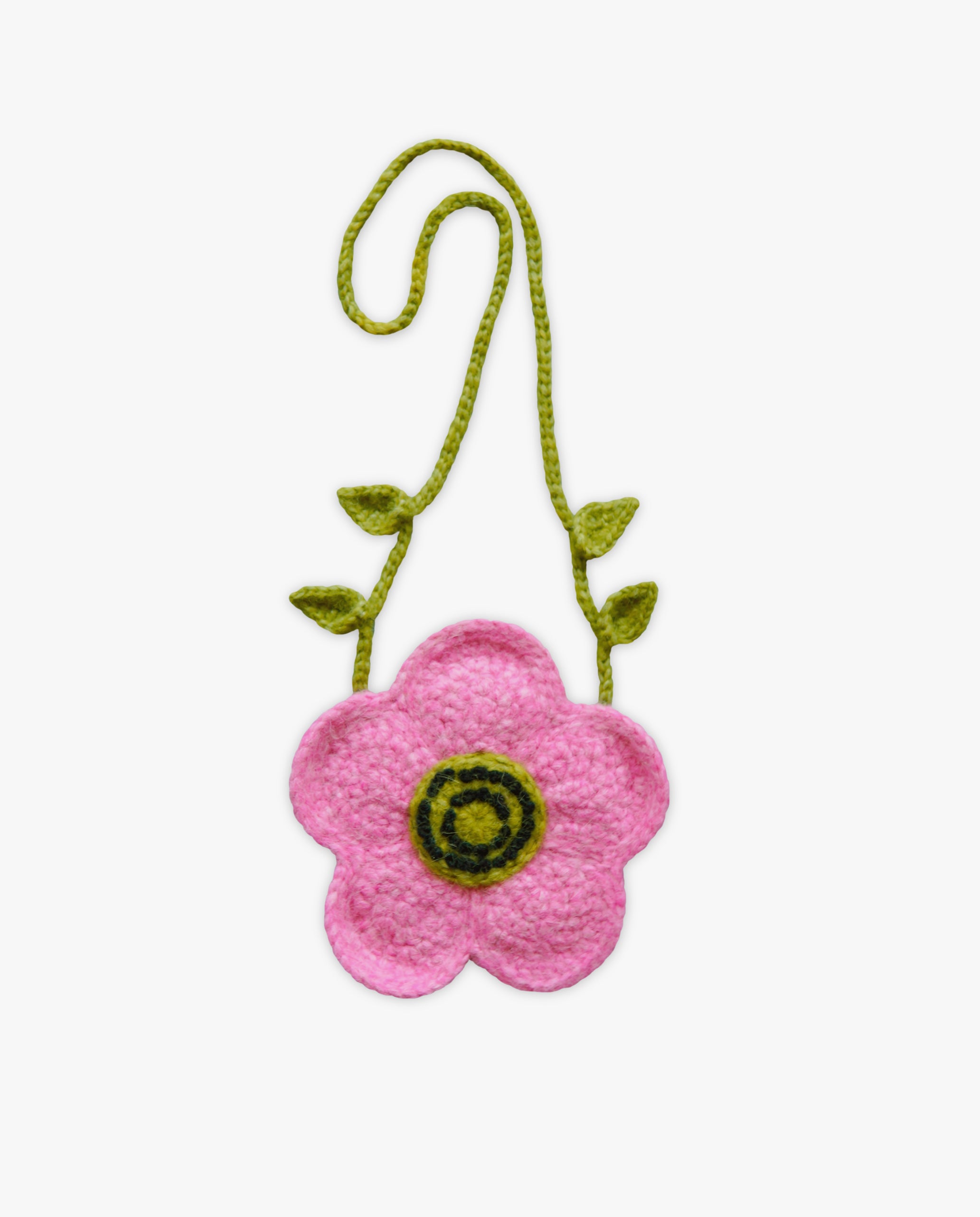 Pink flower-shaped bag with green stem on a white background