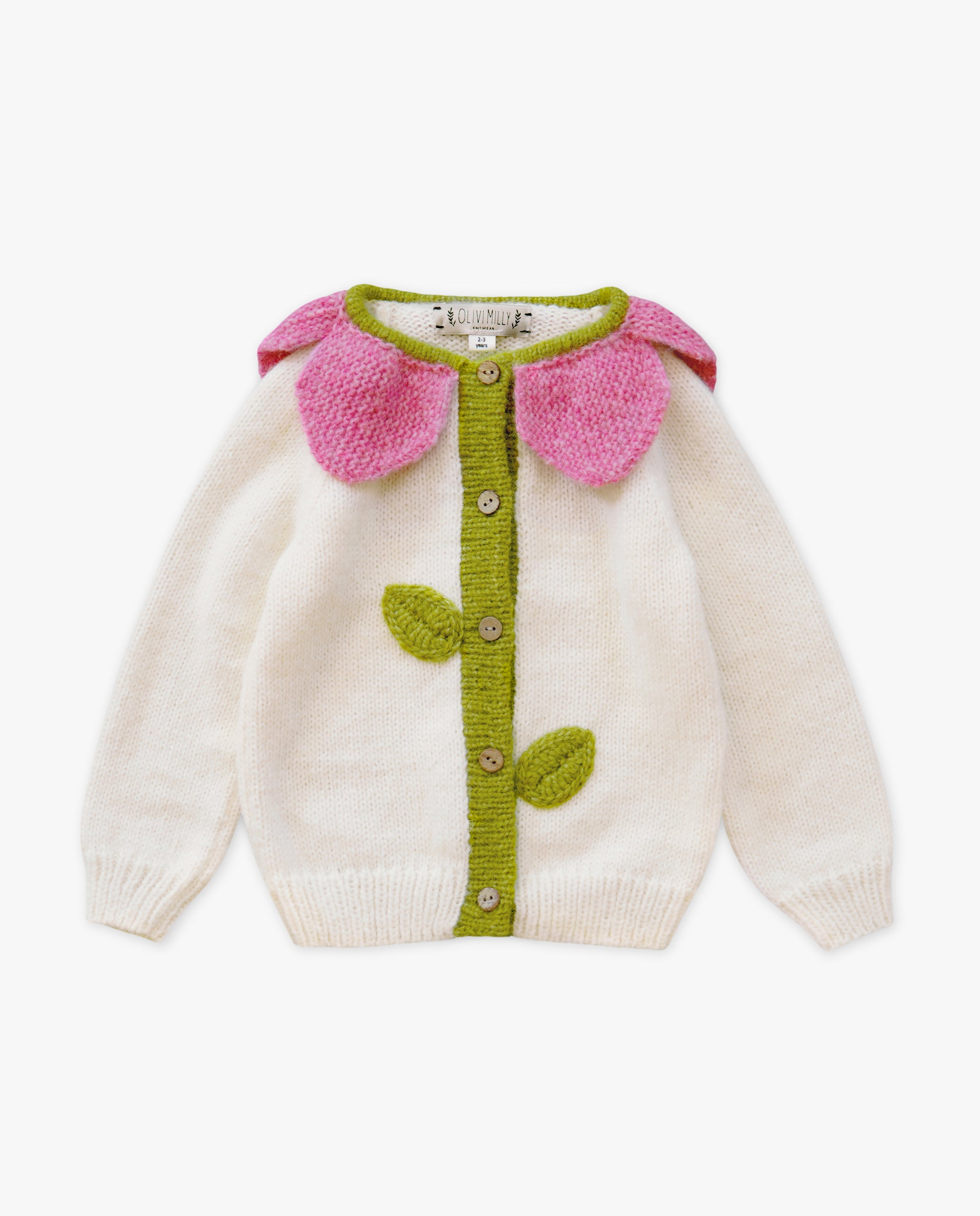 Children's sweater with pink floral collar and green accents on a white background