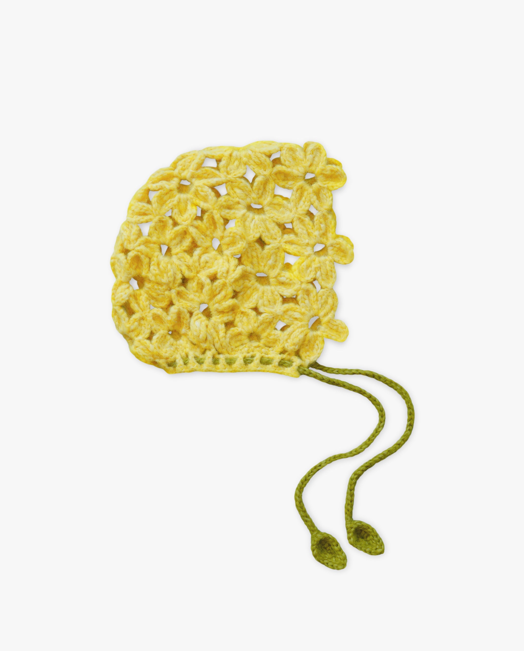 Yellow crocheted bag with a strap on a white background